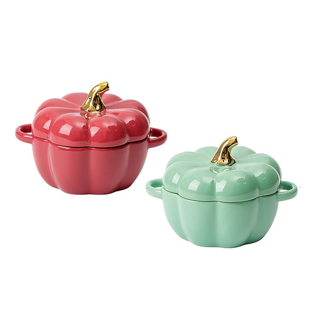 Pumpkin Bowl Set with Lid and Handle, Set of 2 Ceramic Ramekins for Baking, Casserole Dish Individual Severing Pot, Stoneware, Oven Safe, 14 Oz (Red and Green)