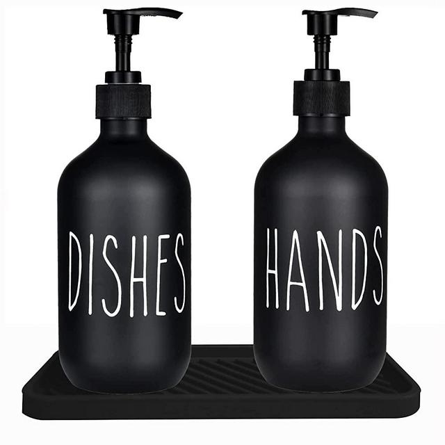 Soap Dispenser -Set of 2, Dish Soap Dispenser and Hand Soap Dispenser Included, 16 Oz Black Soap Dispenser with Black Plastic Pumps and Silicone Tray, Perfect for Bathroom Kitchen…