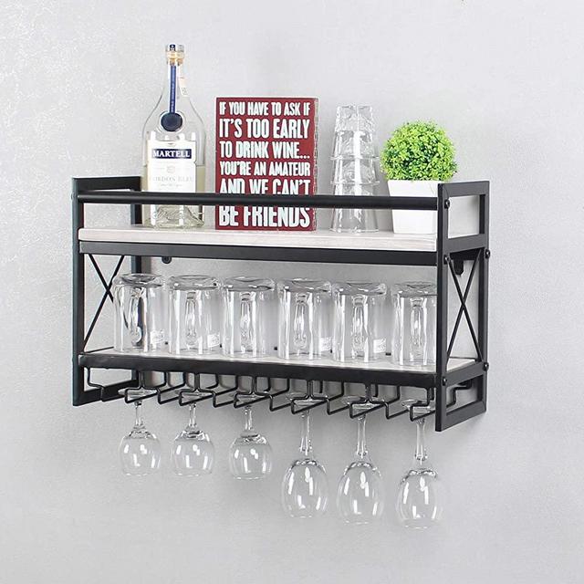 OISSIO Industrial Stemware Rack Wall Mounted,Wine Rack with Wood Shelves,2 Tier Stemware Storage with 6 Stem Glass Holder for Wine Glasses,Mugs,Home Decor,Retro White(24 inch)