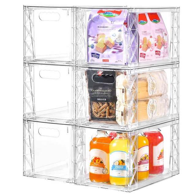 6Pack Stackable Kitchen Storage Organizer, Clear Foods Organizer Bins with Handles, Easily Assemble for Bathroom, Kitchen, Pantry, Cabinet, Closet