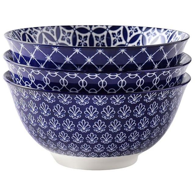 DOWAN Serving Bowls, Ceramic Large Salad Bowls Set, 8 inch 50oz Soup Bowls Set of 3 for Pho, Ramen, Pasta, Stackable and Microwave Safe, Home Kitchen Gift, Vintage Blue
