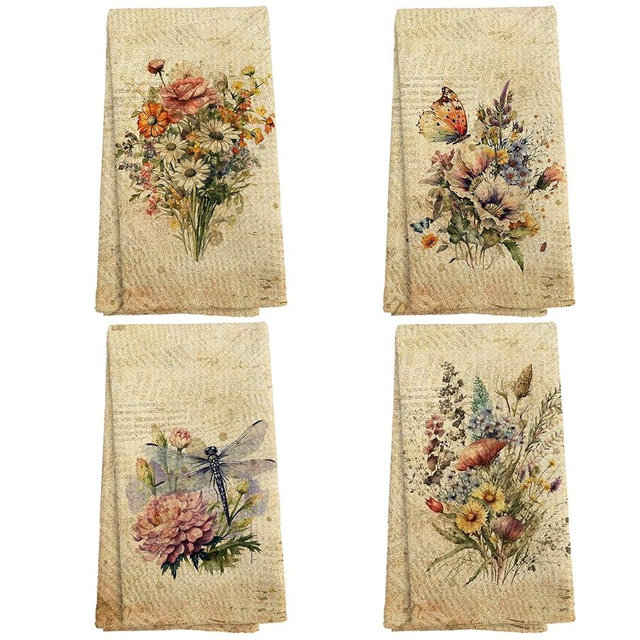 NOQL Vintage Floral Kitchen Towels and Dishcloths Set of 4, Floral Hand Towels, Retro Wildflowers Bouquet Dragonfly Butterfly Drying Cloth Hand Dish Tea Towel for Bathroom Kitchen, 16x24 Inches
