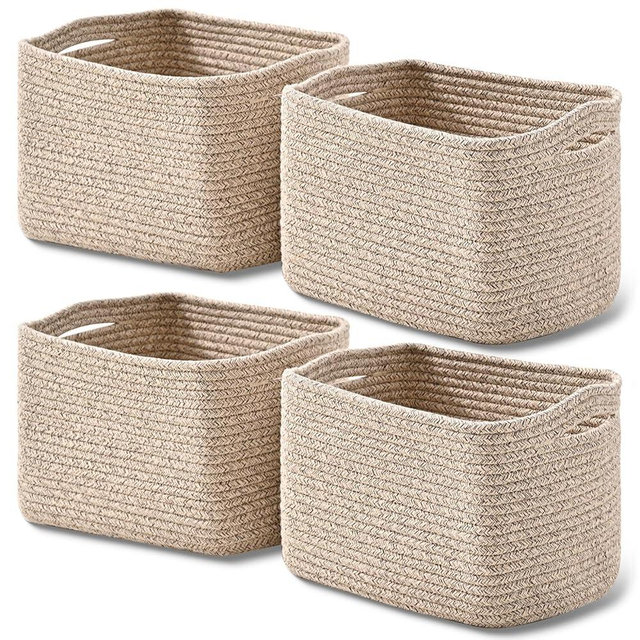 ICERZCZ Small Storage Baskets for Shelves Organizing, Woven Cotton Rope Baskets for Storage, Book Basket, Decorative Shelf Basket, 12.5"Lx9.1''Wx7.9''H (4 Packs) Brown