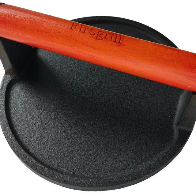 Firsgrill Burger Press 6.6" Round Heavy-Duty Cast Iron Smash Meat Steak with Wood Handle for Blackstone Weber Treager Griddle Grills (YPX) (Flate 6.5" Round)