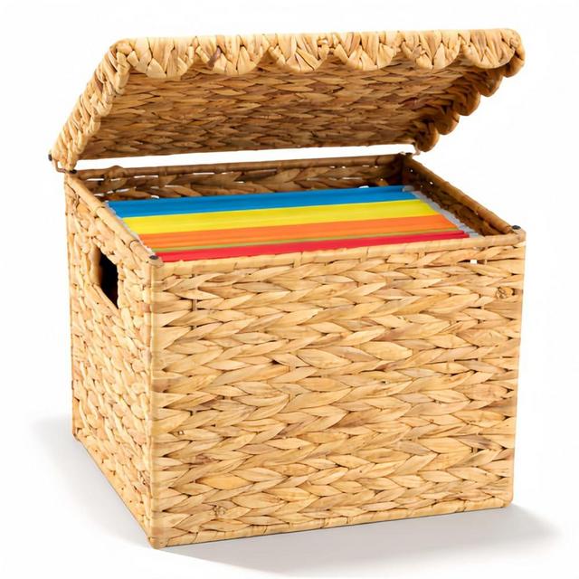Jingmore Water Hyacinth File Storage Box with Scalloped Lid Collapsible Letter Size Hanging Filing Organizer Basket for Home Office, Woven Decorative Document Storage Box (Letter Size)