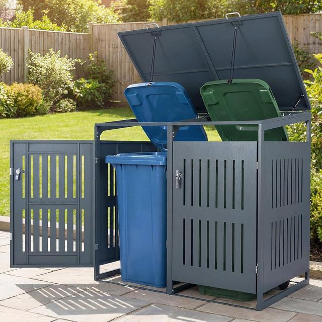 Goplus 44 Cu.Ft Outdoor Trash Can Storage, Garbage Can Hider Outdoor with 2 Lockable Doors Gas Struts & Shock Absorbers, Slant-roof Outdoor Storage for Patio, Backyards, Yard & Garden (52"x32"x49.5")
