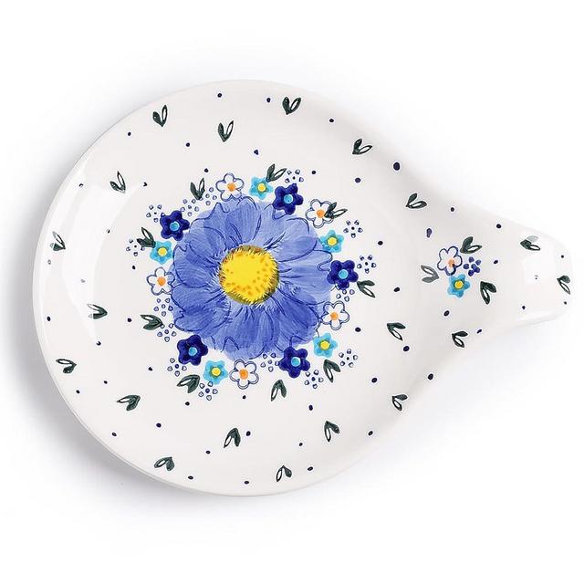Silesia Handmade Spoon Rest, 5.5 inch Ceramic Hand-Painted Cooking Ladle Dish, Large Kitchen Utensil Holder for Counter in Gift Box, Dishwasher & Microwave Safe, Forget Me Not