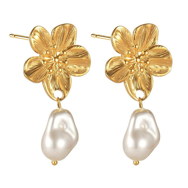 Kokoma Bohemian Flower Earrings for Women Mom Stainless Steel Baroque Pearls Dangle Drop Stud Earrings Elegant Ear Jewelry for Mother