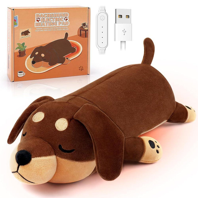 Electric Heating Pad for Period Cramps, Cuddly Soft 14" Dachshund Dog Plush with a Hot Soft Belly USB Powered, Stuffed Heating Pad for Pain Relief, Weiner Dog Gift for Women Daughter Wife