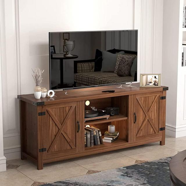 YESHOMY Modern Farmhouse TV Stand with Two Barn Doors and Storage Cabinets for Televisions up to 65+ Inch, Entertainment Center Console Table, Media Furniture for Living Room, 58 Inch, Walnut