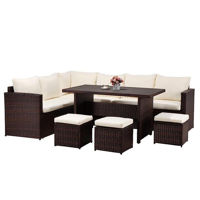 Wumiokio Patio Furniture Set, 7 Pieces Outdoor Patio Furniture with Dining Table&Chair, All Weather Wicker Conversation Set with Ottoman,Brown Rattan & Ivory Cushions…