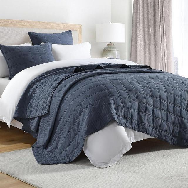 HORIMOTE HOME 100% Cotton Quilt Set King Size, Denim Blue Pre-Washed Bedspreads Coverlet Set in Geometric Pattern, Cozy Lightweight Stitching Decorative Bedding Cover with 2 Shams for All Season