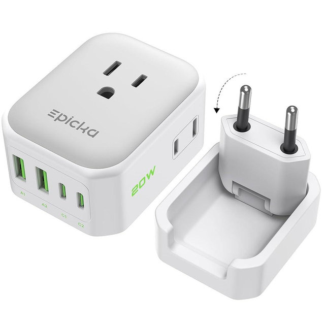 EPICKA Hybrid European Travel Plug Adapter, Foldable Detachable Type C EU VisaPlug, 8-in-1 International Power Adapter with 4 USB Ports (2 USB-C PD 20W),US to Europe, White