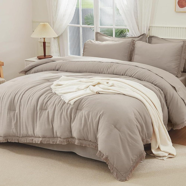 Andency Wheat King Size Comforter Set with Sheets - 7 Pieces Boho Tassel Bed in a Bag Soft Lightweight Bedding Sets, Wheat Fringe Bed Set with Comforter, Sheets, Pillowcases & Shams
