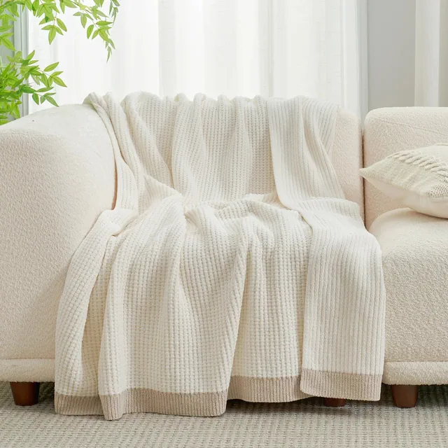 Reversible Chenille Waffle Knit Throw Blanket Soft, Lightweight & Cozy, Ivory - Amelie Home