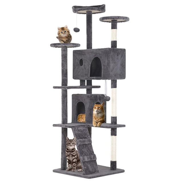 FDW Cat Tree 70in Cat Tower Multi-Level Durable Cat Scratching Post & Cozy Fun Cat Jumping Platform Space Saving Cat Condo Pet Play House for Indoor Cats,Light Gray