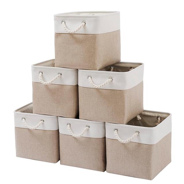 MidmmVick 11 x 11 Inch Cube Storage Bins, 6 Pack Large Collapsible Fabric Storage Bin with Ropes, Foldable Storage Cubes for Home, Office,Closet, Clothes, Toys Organizer (White & Beige-11"x11"x11")