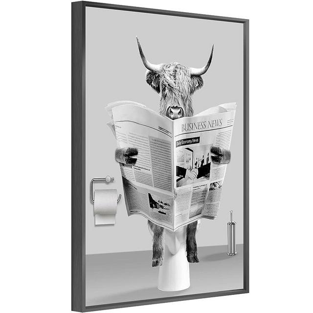jenesaisquoi Highland Cow Bathroom Decor Wall Art, Frame Black and White Canvas Cow In Bathroom Picture, Humor Animals Bathroom Artwork Prints Ready To Hang for Bathroom, Bedroom, Kids Bathroom Decor ( 8" x 10" Black Frame, Style1 )