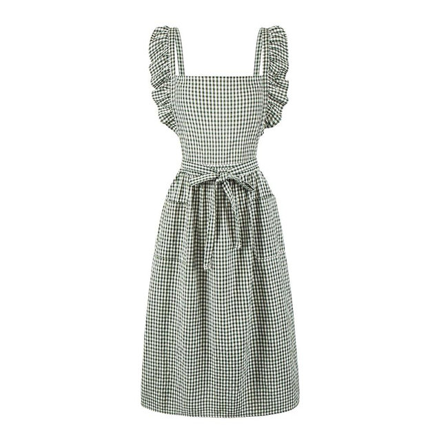 SeedBySea Vintage Gingham Apron Dress for Women, Pinafore with Ruffle Straps & 2 Pockets, Soft Cotton Apron for Cooking