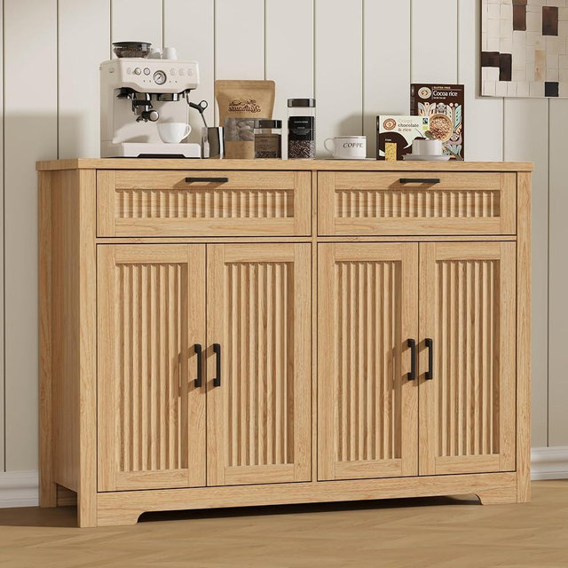 Buffet Cabinet with 2 Storage Drawers, Farmhouse Coffee Bar Table with Storage and Adjustable Shelf, 47.2" Wide Fluted Sideboard Cabinet for Kitchen, Dining Room, Living Room, Entryway, Natural Oak