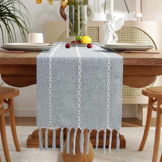 Wracra Rustic Linen Table Runner Farmhouse Style Table Runners 36 inches Long Embroidered Table Runner with Hand-Tassels for Party, Dresser Decor and Dining Room Decorations (Dusty Blue, 13"×36")
