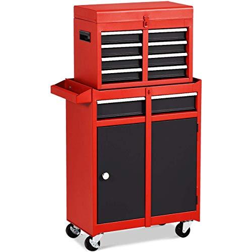 Goplus 5-Drawer Rolling Tool Chest, Tool Storage Box, Removable Tool Cabinet, Sliding Metal Organizer w/Lockable Drawers (Red+Black)
