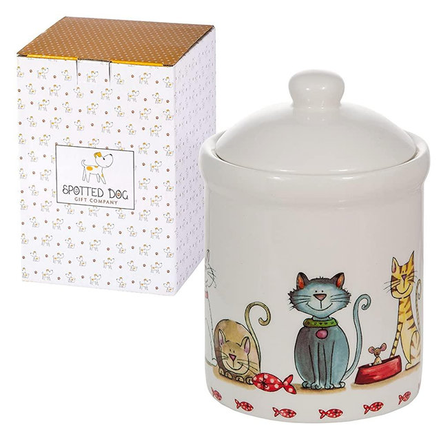 SPOTTED DOG GIFT COMPANY - Ceramic Food Storage Jar with Lid, Decorative Cute Cat Themed Canister for Kitchen Counter, Animal Home Decor (1L / 30oz) – Cat Lover Owner Gifts for Women & Men