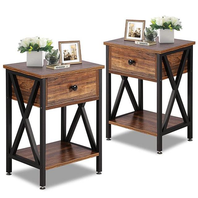 VECELO Night Stands for Bedroom Nightstand Bedside End Tables with Drawer Storage, Rustic Brown,Set of 2