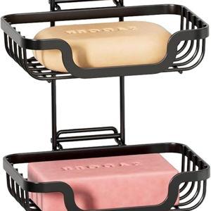 TAILI Double Layer Soap Dish Holder, Bar Soap Tray Suction Cup for Shower Wall, Draining for Bathroom, Rustproof Stainless Steel Sponge Holder for Tub, Kitchen, Drill-Free, Black