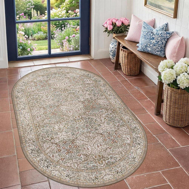 3x5 Vintage Moss Green Entryway Oval Rug, Washable Nature Rug for Kitchen, Bathroom, Bedroom, Boho Oriental Low Pile Stain Resistant Non-Slip Small Throw Rug (3x5 Moss & Brown)
