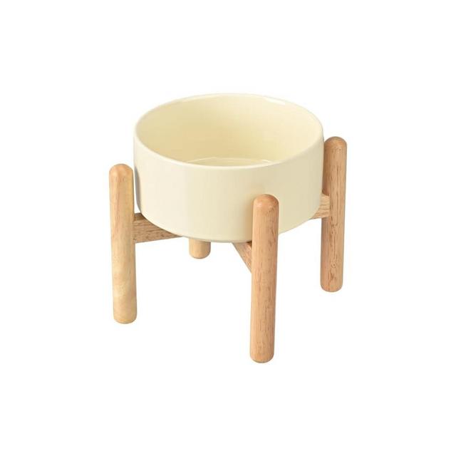 SPUNKYJUNKY Raised Ceramic Dog Bowls Elevated Dog Bowl with Wooden Stand Food and Water Pet Feeding Bowl for Small and Medium Dog(Single 28.7OZ Bowl,Cream White)
