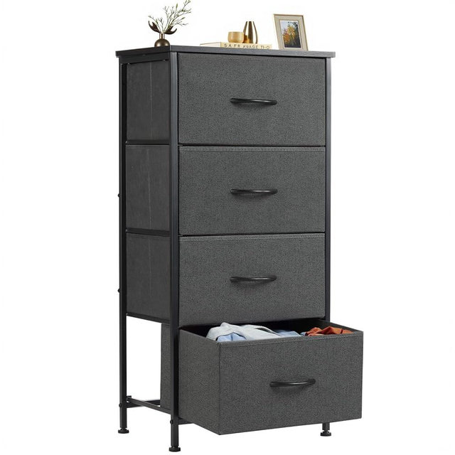 Sweetcrispy Nightstand Small Bedroom Dresser with 4 Fabric Drawers,Bed Side Furniture End Table, Wooden Top Cabinet Night Stand Dresser for Closet, Entryway, Dorm, Grey