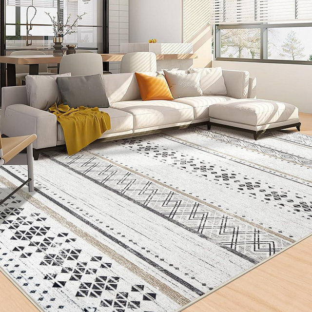 BESTSWEETIE 8x10 Area Rug Washable 8x10 Rug Rugs Moroccan Farmhouse Neutral Geometric 8x10 Rug for Living Room Bedroom Low Pile Non-Slip Ultra Soft Faux Wool Black/Brown