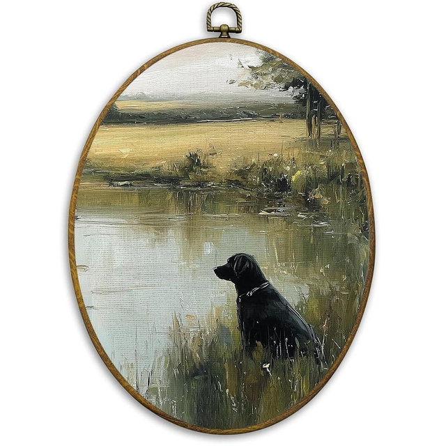 CUANFDDSF Vintage Black Labrador Landscape Oval Wall Art Decor, Countryside Cottagecore Farmhouse Cabin Wall Hanging Decor, French Country Framed Canvas Prints for Bedroom Living Room, 8.6x11.4 Inch