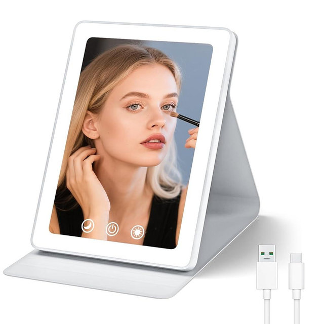 Travel Makeup Mirror, Portable LED Lighted Makeup Mirror, Rechargeable 1800mAh Battery, 2 Light Settings, USB-Powered Travel Vanity Mirror