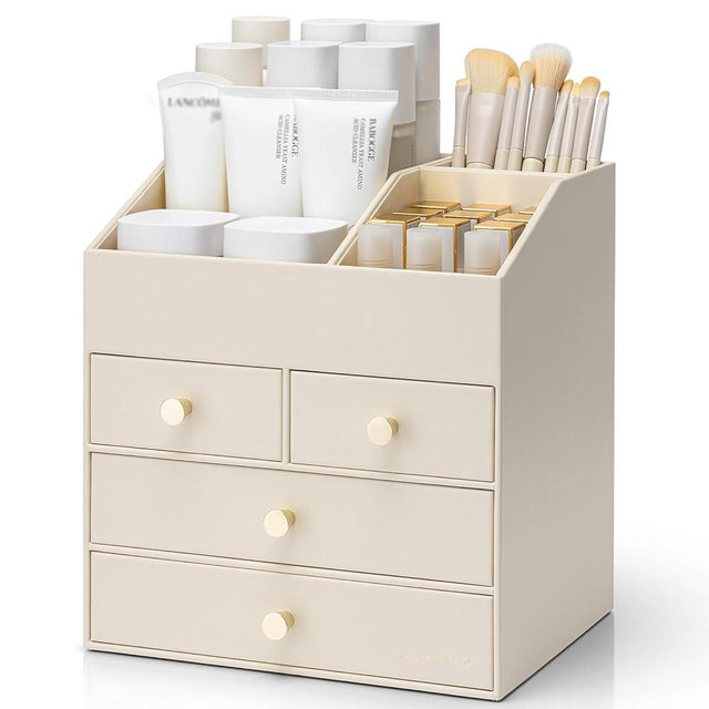 VLANDO Makeup Organizer Countertop,Large Vanity Organizer PU Leather Make up Storage with 4 Drawers Perfume Organizers Cosmetic Display Case for Lipstick,Brushes,Bedroom-Beige