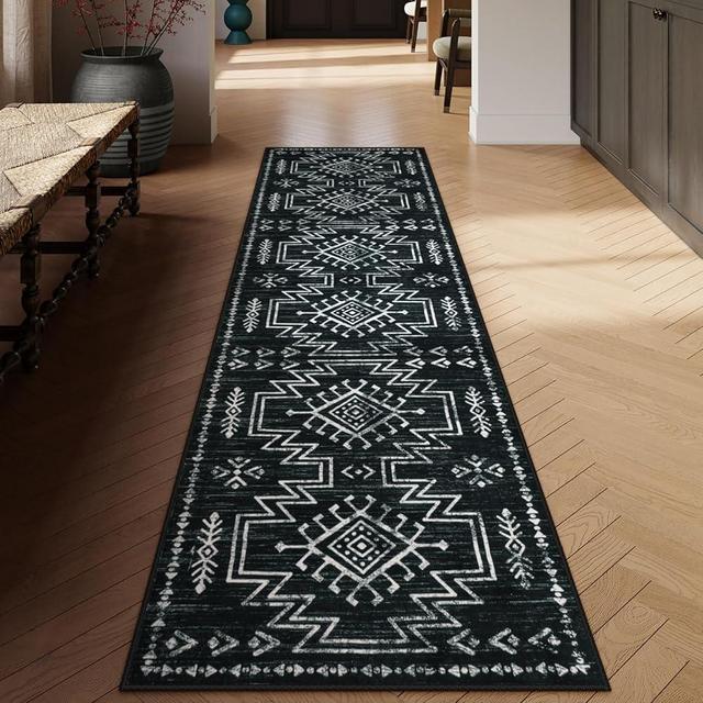 Lahome Black Runner Rug for Hallway Non Slip, Boho Machine Washable Stain Resistant Runner Rug for Entryway Bathroom Kitchen, Moroccan Western Low Pile Long Carpet for Entrance (2'5''x8')