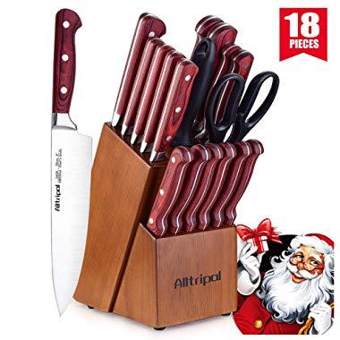Knife Set, Premium 18-Piece Kitchen Knife Set with Block made of High Carbon German Stainless Steel with Knife Sharpener & 6 Steak Knives
