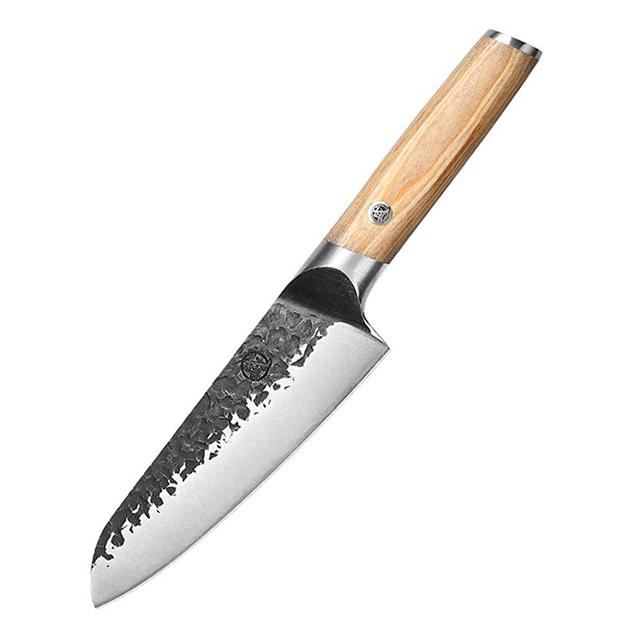 MITSUMOTO SAKARI 7 inch Japanese Santoku Chef Knife, High Carbon Stainless Steel Kitchen Cooking Knife, Professional Hand Forged Meat Cleaver Knife Kitchen Knife (Pakkawood Handle & Gift Box)