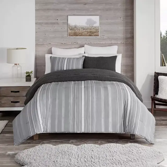UGG® Devon Sherpa 3-Piece Reversible King Comforter Set in Charcoal Stripe