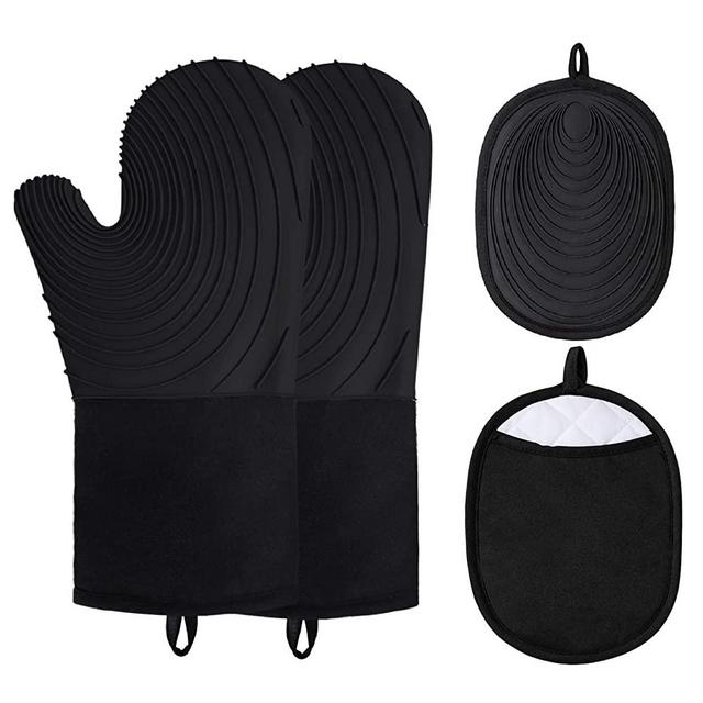 eletecpro Silicone Oven Mitts and Pot Holders Sets, 550 Degrees Heat Resistant Oven Gloves Flexible with Cotton Liner Grip Cooking Mitts for Kitchen,Baking,Cooking,Black