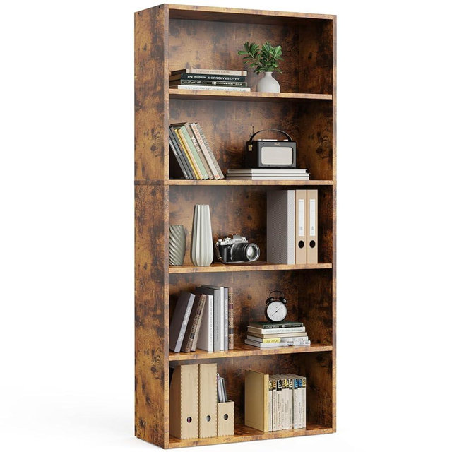 Sweetcrispy Industrial 5 Shelf Bookcase - Large 53 Inch Tall Floor Standing Open Bookshelf for Home Office, Living Room, and Bedroom Storage, Rust