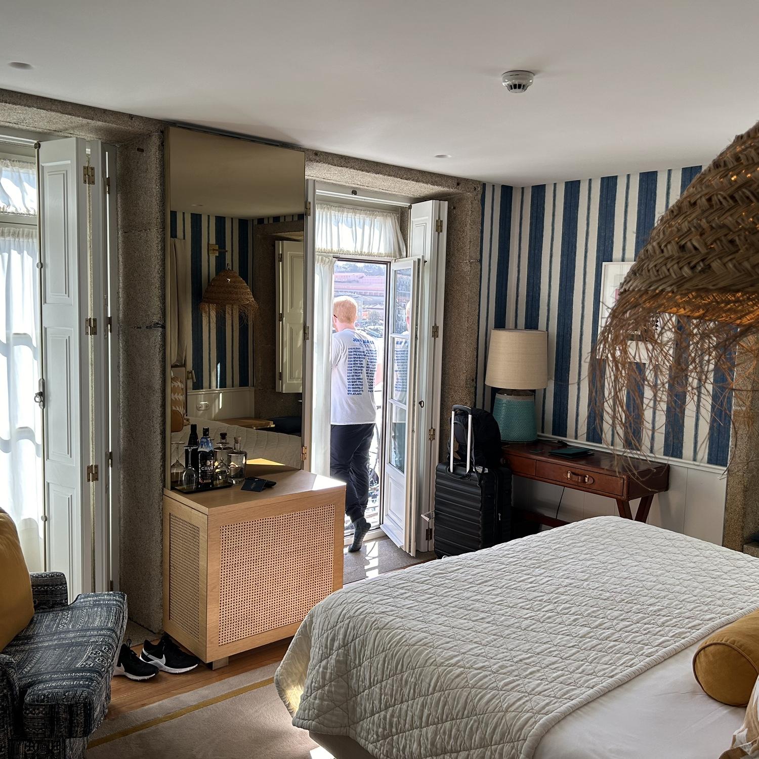 Our hotel room in Porto with a riverside balcony