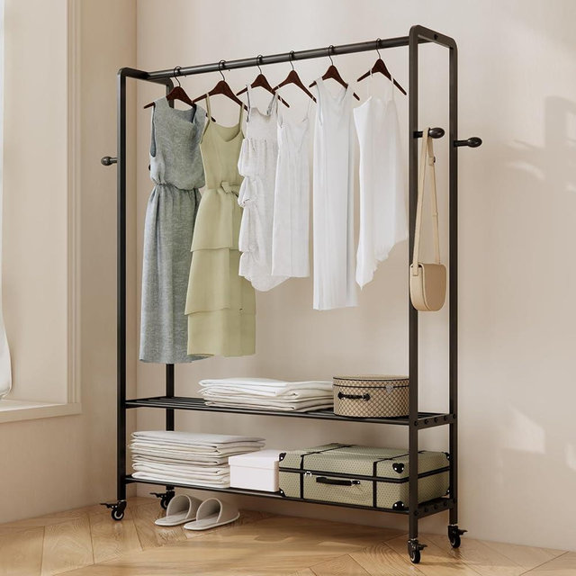 ZHBHYZ Rolling Clothes Rack, 47.2" Wide Metal Garment Rack,Heavy Duty Clothing Rack for Hanging Clothes with Wheels & bottom Shelves for Coats, Shirts, Dress