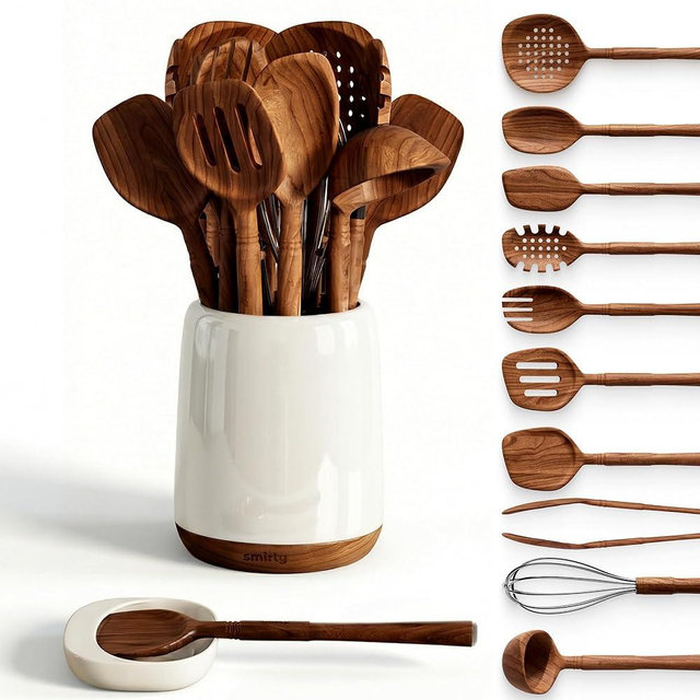 Wooden Spoons for Cooking - 12-Piece Premium Walnut Wood Utensil Set with Elegant Ceramic Holder & Spoon Rest, Non-Scratch Cooking Utensils Set for Nonstick Cookware, Luxury Kitchen Gift Set [Walnut]