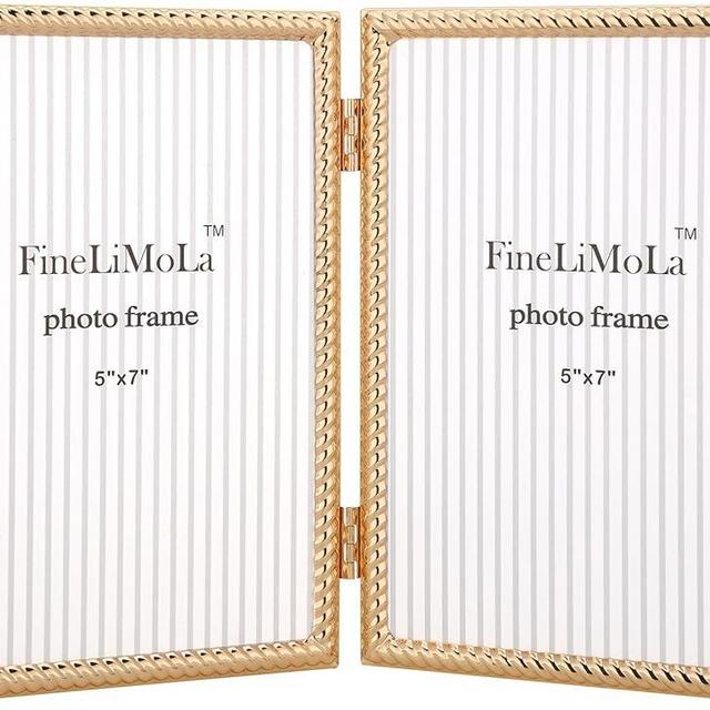 FineLiMoLa 5x7''Double Frames Gold Rope Design Metal Photo Frame with black Velvet Backing and Real Glass Front,5x7'' Hinged Double Picture Frame for Tabletop and Shelf Display