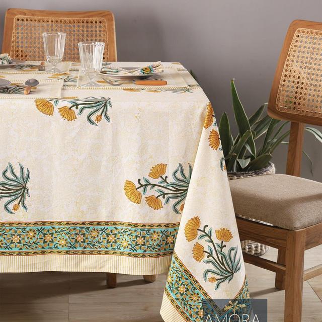 Handcrafted Indian Block Printed Tablecloth - Cotton, Boho Floral Design, Dining Table Cover, Mid Century Wedding & Party Decor Events