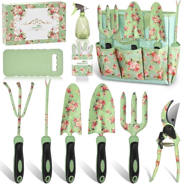 Gardening Tools, WisaKey 10 Piece Heavy Duty Green Garden Tools Set with Non-Slip Ergonomic Handle, Durable Fashion Garden Tool Organizer HandBag, Ideal Gardening Hand Tools, Gardening Gifts for Women
