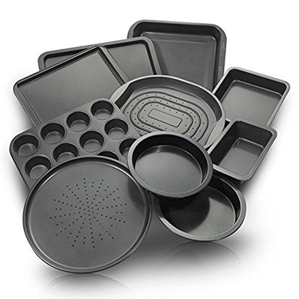 ChefLand 10-Piece Non-Stick Bakeware Set, Oven Crisper, Pizza Tray, Roasting, Loaf, Muffin, Square, 2 Round Cake Baking Pans, Large and Medium Nonstick Cookie Sheet Bake Ware