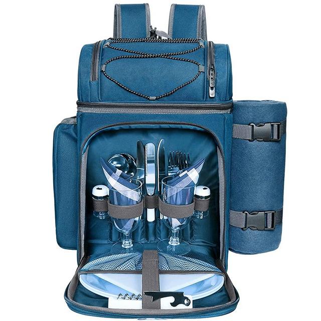 Hap Tim Picnic Basket Backpack for 2 Person with Insulated Leak Proof Cooler Compartment,Wine Holder,Fleece Blanket,Cutlery Set, Engagement Gifts, Mr and Mrs Gifts, Couples Gifts, Blue (36083-BL2)